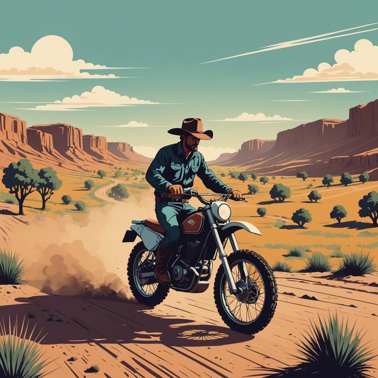 An exuberant soundtrack perfect for a modern western adventure, blending traditional and modern musical elements that reflect the spirited rides and thrilling escapades of cowboys in the new age.