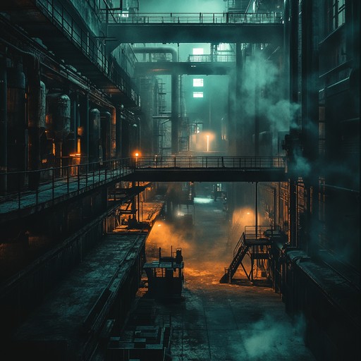 An unsettling instrumental track that combines eerie electronic sounds with haunting melodies, simulating the experience of wandering through a haunted factory filled with ghostly machines emitting spectral whispers.