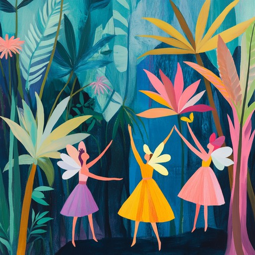 A playful and whimsical rumba catching the essence of fairies in an enchanted tropical forest, with vibrant acoustic guitar and joyous rhythms.