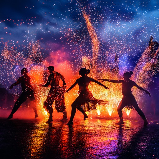 An exhilarating flamenco rumba track pulsating with fiery energy and passion, bringing the heart of an intense night festival to life. The dynamic and rapid percussion, spirited melodies, and passionate rhythms capture the endless celebration and fervent dance, creating an electric atmosphere.