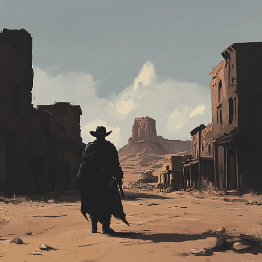 Imagine the tension of a western duel under a setting sun in an abandoned desert town. Harmonica strains weave through the air, creating a menacing and foreboding ambiance. The occasional deep and resonant bass notes emphasize the sense of danger and isolation, thickening the atmosphere of the impending showdown.