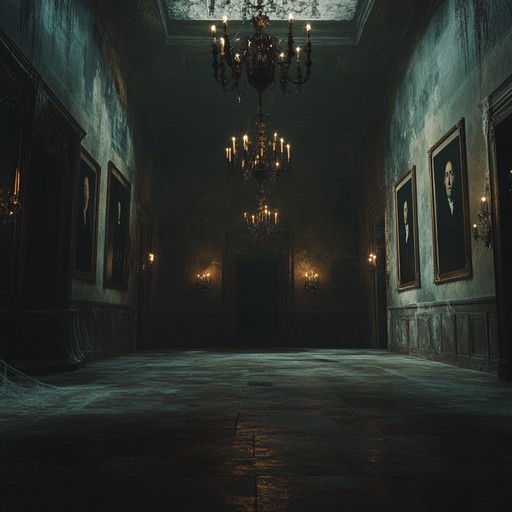 A haunting composition blending dark orchestral strings with ghostly echoes of the past, creating an unsettling neoclassical ambiance that evokes specters lurking in forgotten hallways, invoking the spirit of a bygone era's mystery