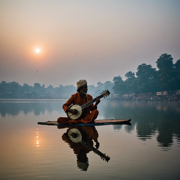 A single sitar begins softly, mirroring the quiet of dawn. Gradually, as light spills across the river, the music builds, reflecting the growing light and stirring of life along the ganges, ushering in peace and reflection for a new day.