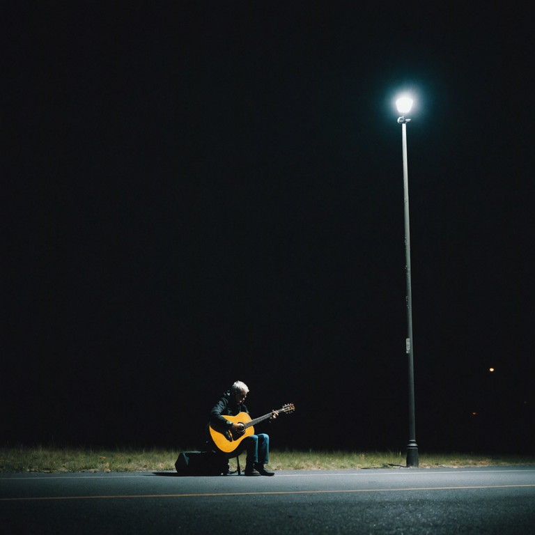 A composition that illustrates a night under the stars, with soul stirring guitar melodies echoing the pain and beauty of distant memories, invoking a sense of loneliness intertwined with a touch of cosmic awe.