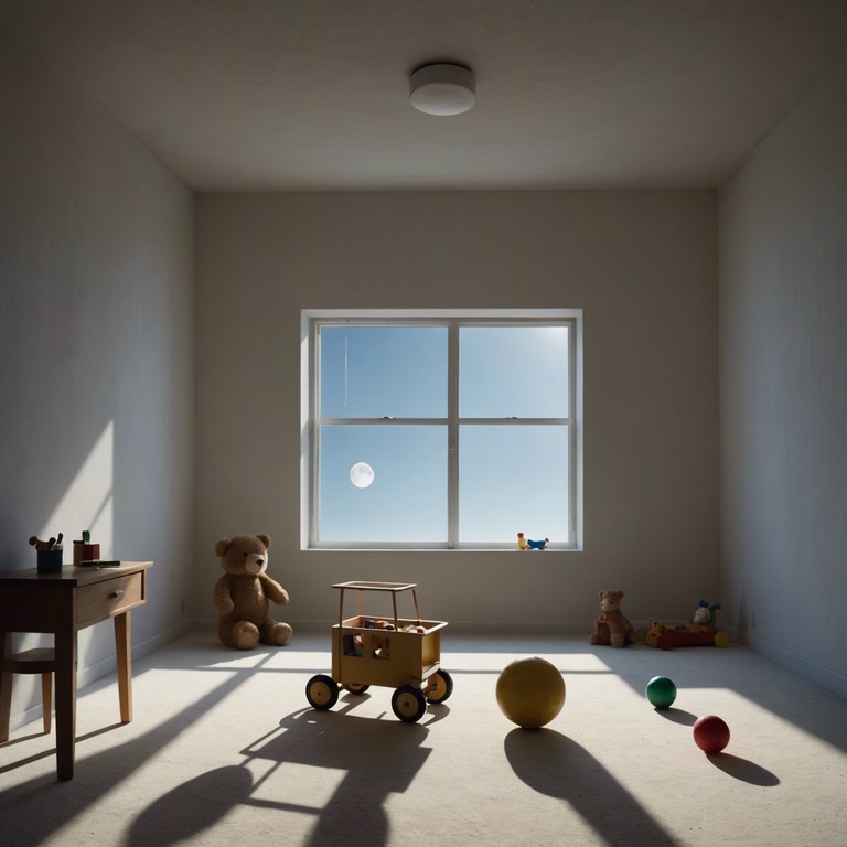 Imagine a mystical nursery in an otherworldly dimension, where vintage toy instruments come alive under the moonlight. The song captures the whispered secrets of forgotten toys, creating an atmosphere of nostalgic mystery and childlike wonder. The tones are both playful and slightly eerie, mirroring the dual nature of a dream like state achieved through electronic modulations and ambient toy sounds.