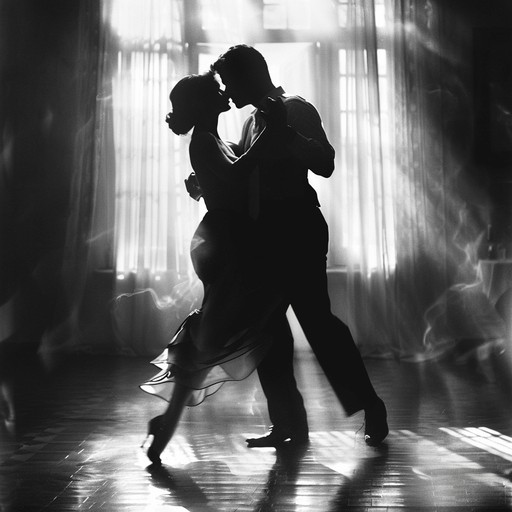 A passionate and intimate tango dance between two lovers, their bodies intertwined in a slow, sensual embrace as the music swells with emotion. Accordion and violin carry the main melodies, supported by piano, acoustic guitar, and upright bass.