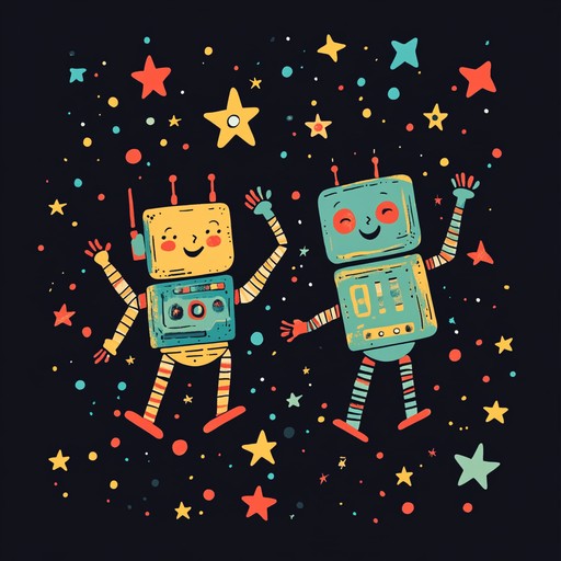 An upbeat and cheerful instrumental song designed for children, featuring futuristic sounds and rhythms that depict robots dancing joyfully among the stars in outer space. The melody combines electronic synths with playful tones to create a fun and exciting atmosphere that inspires imagination and movement.