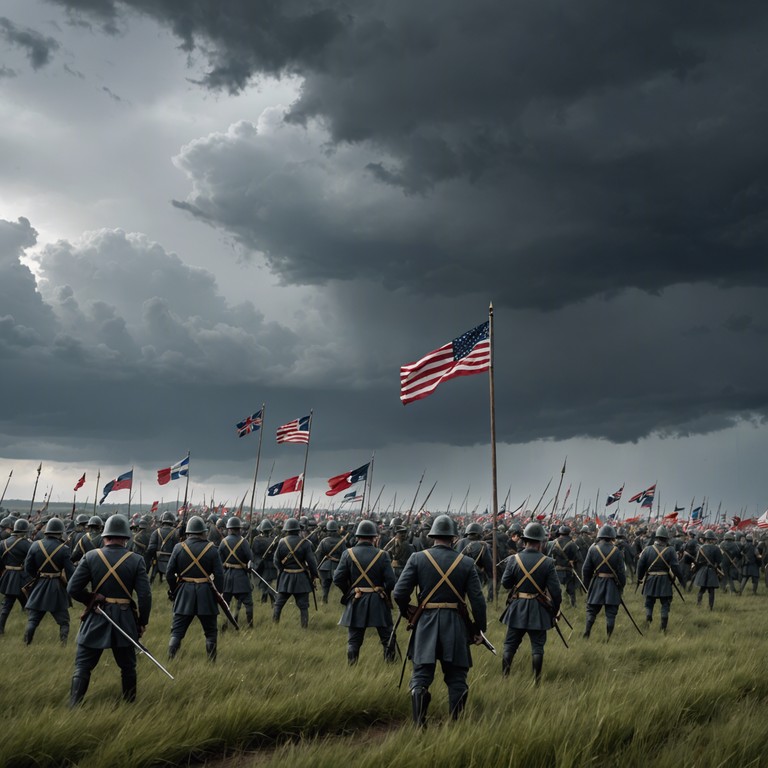 Imagine a musical journey through eras of valor and bravery, encapsulating the evocative atmosphere of an ancient battlefield where strategy, courage, and discipline converge in a majestic musical narrative. The track uses dynamic rhythms to mimic the disciplined march of soldiers, complementing the grandeur of military prowess with stirring orchestral movements.