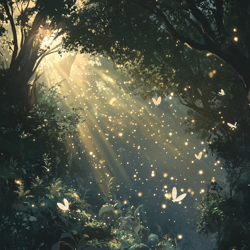 An ethereal flute leads a whimsical dance through a vibrant fairy forest, accompanied by twinkling percussions and serene background harmonies, evoking an enchanting and dreamlike atmosphere.