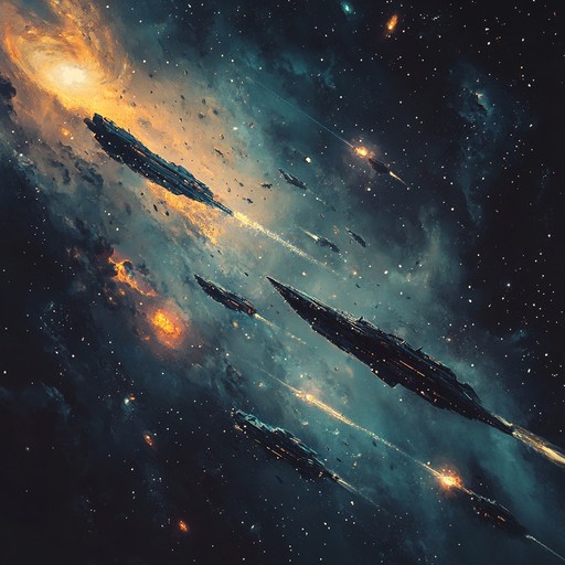 Imagine being amid a cosmic war, surrounded by the cold emptiness of space yet pulsating with relentless energy and conflict. The track utilizes deep drones, ethereal pads, and clashing metallic sounds to create a battlefield ambiance, capturing the essence of interstellar strategy and warfare.