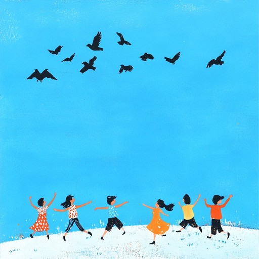 An energetic instrumental capturing the excitement of birds flying high, with catchy rhythms that get children moving and smiling.