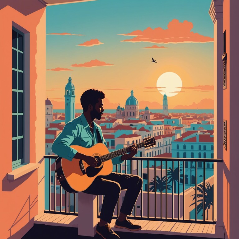 A soft, intimate guitar piece that evokes a warm, sultry summer night in havana. Each note captures the essence of a slowly setting sun and the beginning of a passionate evening in the historic city. The music swells and recedes like the waves on the nearby shore, carrying with it stories of love, longing, and the vibrant life of cuba.