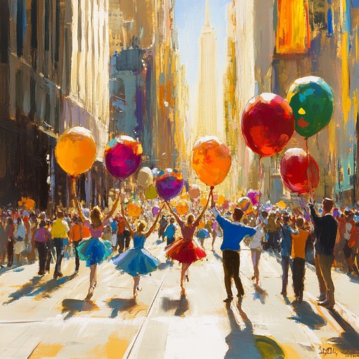 Imagine an energetic broadway street alive with dancers, colorful balloons, and an infectious summer parade atmosphere. Rhythmic beats and cheerful melodies create a festival vibe, immersing listeners in the heart of the celebration