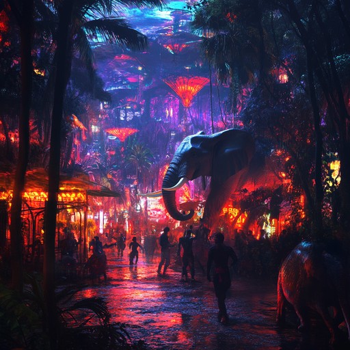 A track where rapid fire drum patterns and deep basslines dominate, evoking the sense of adventurous exploration within a vibrant jungle setting. The music escalates with layers of synthetic melodies and sound effects, providing a dynamic and thrilling experience that's both invigorating and joyous.