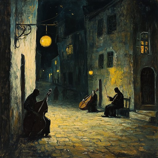 An instrumental klezmer piece capturing the haunting atmosphere of a deserted shtetl where ghostly melodies drift through the night, evoking spirits of the past