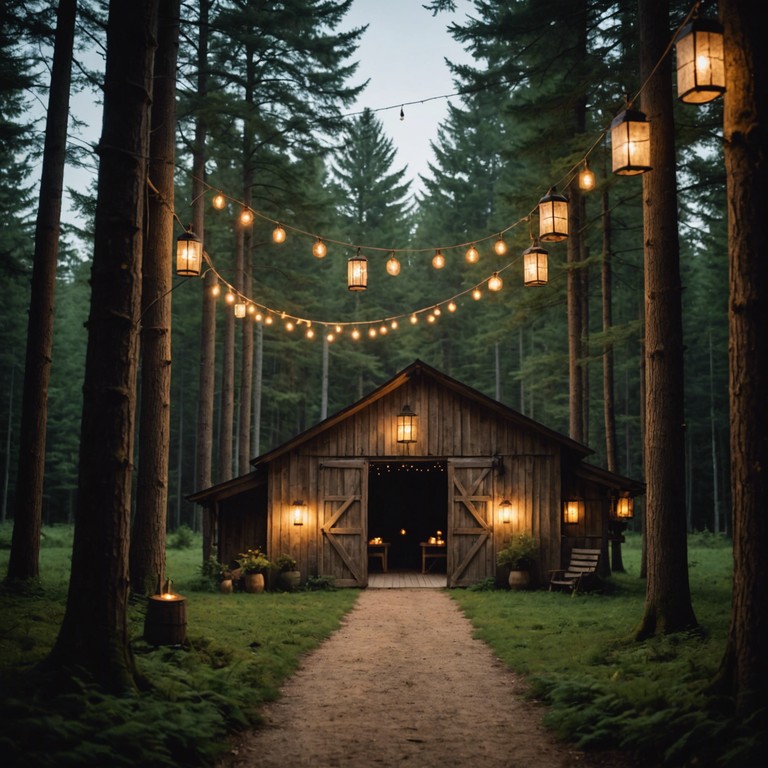 Deep in the heartland, surrounded by the whisper of old pines and the soft hoot of an owl, a spirited group gathers in a barn. The air is tinged with the scent of whiskey and sawdust, as strings tremble under calloused fingers, playing a gritty, raw bluegrass tune that echoes the untamed spirit of the wild. Under the dim glow of hanging lanterns, boots stomp, and hearts beat to the rhythm of an old but timeless america.