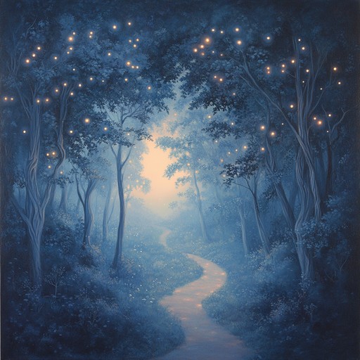 As you listen, envision navigating through a dense, mist covered forest at twilight, the soft sounds of a distant harp guiding your steps. The music paints a picture of an environment thick with fog and magic, every note a guide to hidden wonders and ancient secrets within the mystical wooded landscape.