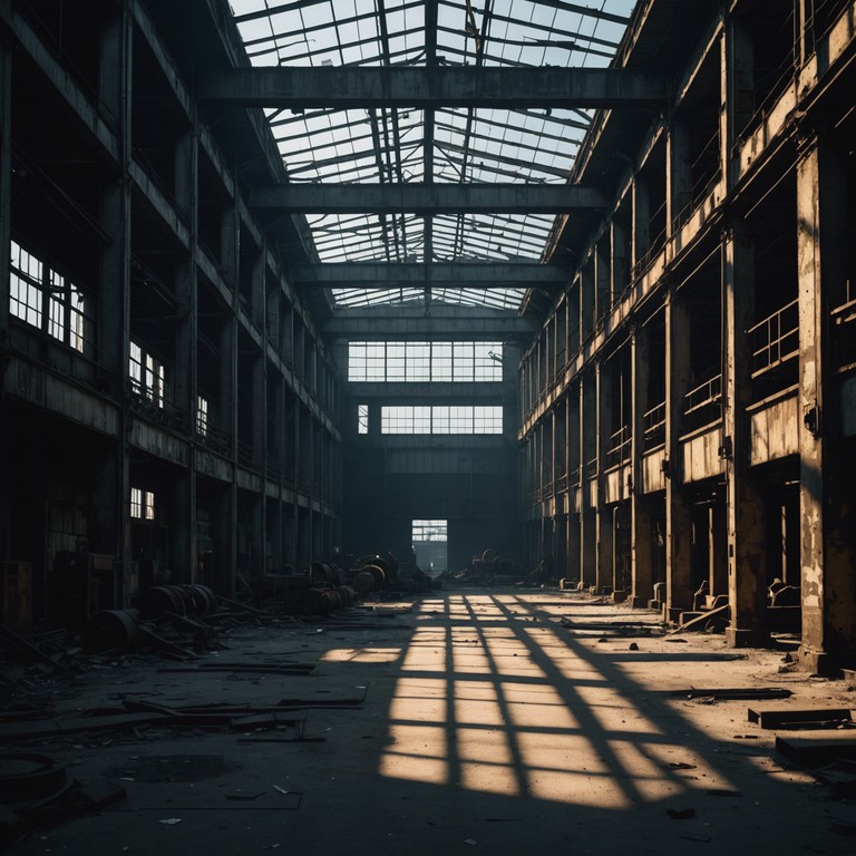 In a soundscape that embodies the hidden corners of a haunted industrial complex, each note and echo manifests as a somber, rhythmic pulse. Distorted, mechanical sounds interweave with deep, echoing drums, creating a dark canopy of sound that feels like navigating through dimly lit, abandoned factory halls, where shadows whisper secrets of a forgotten, sinister past.