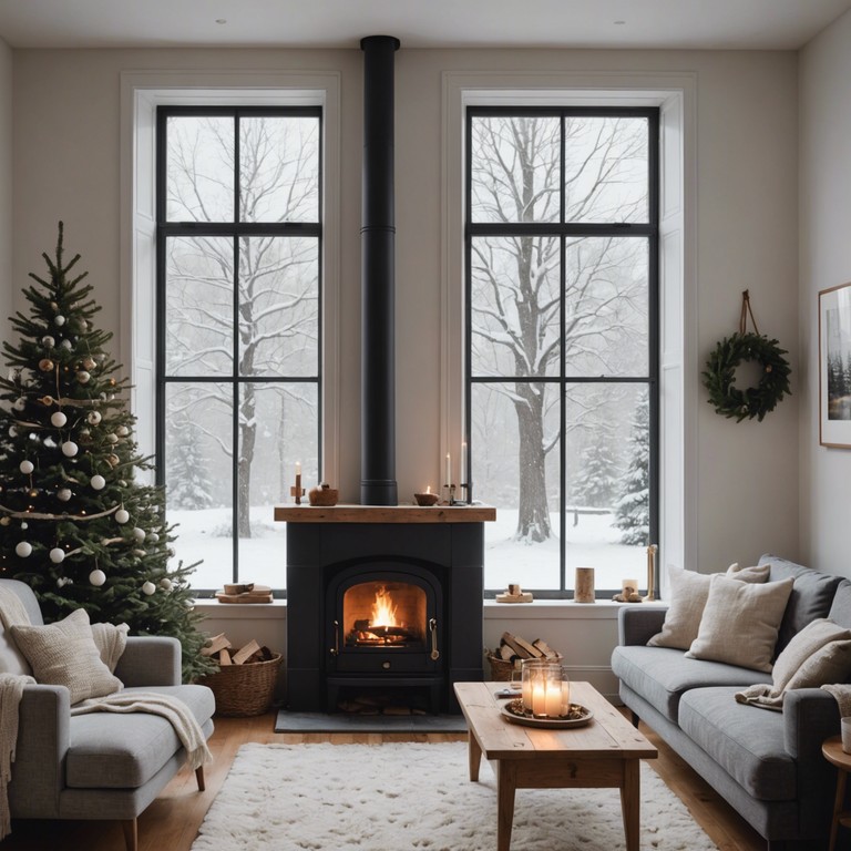 A modern track with a nostalgic undertone, winter whispers on vinyl infuses minimalist elements with traditional holiday sounds, creating a serene yet evocative composition meant to evoke memories of past winters. Wood blocks gently clink like distant sleigh bells against a backdrop of ambient synths, creating a soundscape perfect for reflective evenings by the fire.