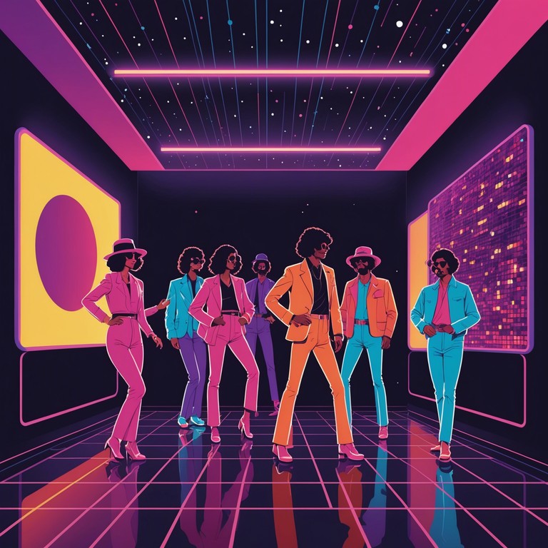 A powerful soundtrack designed to ignite the soul with its fiery disco rhythms and aggressive undertones, capturing the essence of an unstoppable night of dancing and enjoyment in a glamorous disco setting.