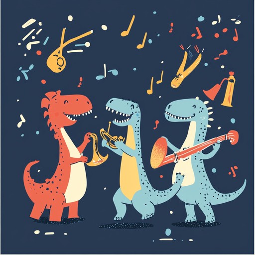 A lively and energetic instrumental track featuring funky rhythms and bold melodies, imagining dinosaurs coming to life and dancing together in a fun filled prehistoric party.