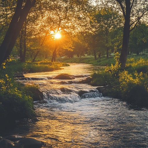 A peaceful river ambient setup with flowing water and chirping birds, meshing with smooth jazz saxophone and piano overtones. This harmonious track is perfect for elevating spirits and evoking a sense of calm inspiration.