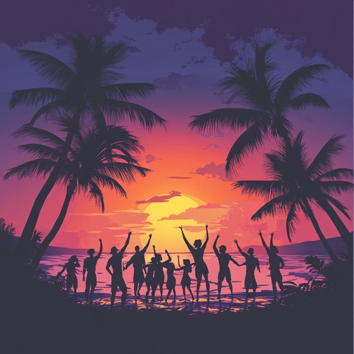 Dive into joyous reggaeton beats with vibrant melodies perfect for a festive celebration on a beautiful tropical beach at sunset.