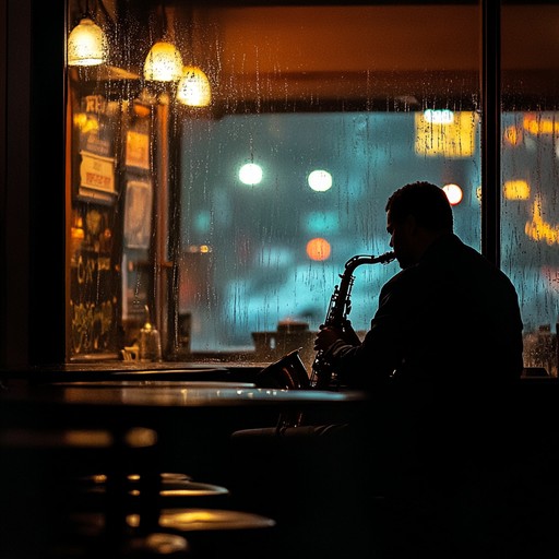 In a quiet, dimly lit corner of an old manhattan bar, a lone saxophonist plays soul touching melodies, their notes mingling with the soft patter of rain outside, evoking a bittersweet, melancholic ambiance that haunts the heart of the city. Each note tells a story of lost loves and whispered secrets, lingering in the dusky air like remnants of a dream just out of reach.