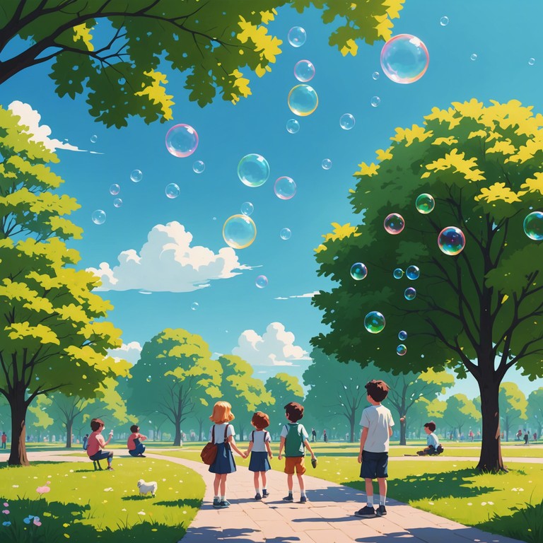 Imagine a soundscape filled with the light, tinkling sounds of bubbles popping playfully in the air. The music encapsulates a joyful stroll through a sunlit park, where the air itself hums with a tuneful, whimsical energy