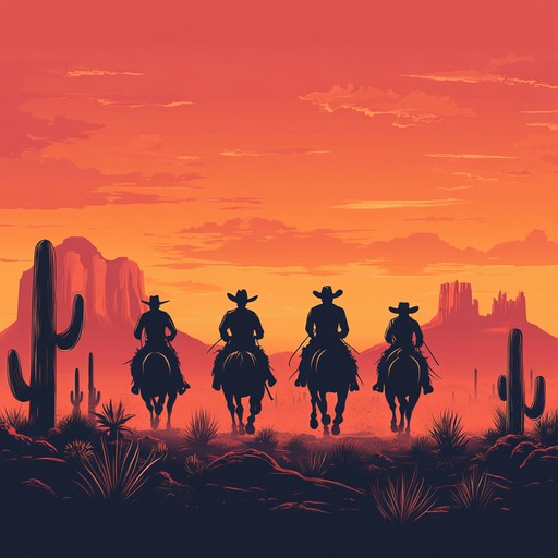 Picture a blazing sunset over the desert mountains as cowboys engage in a thrilling pursuit. The energetic strumming of twangy guitars and poignant harmonica lead the way in a spirited, high energy western score.