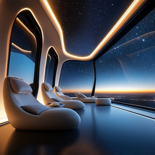 Imagine relaxing in a plush, futuristic lounge on a distant planet. Smooth, jazzy melodies float in the air while spacey, ethereal synthesizers wash over you, creating a sense of otherworldly tranquility. It's a perfect blend of relaxing lounge music and futuristic elements, designed to soothe the soul and transport you to a celestial oasis.