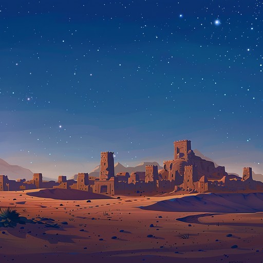 A unique fusion where electronic rhythms blend with ancient, haunting middle eastern melodies, creating an evocative soundscape that transports listeners to a vast, beautiful desert under the stars.