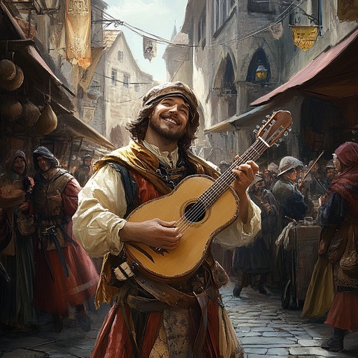 Picture a bustling medieval market filled with joyous laughter, vibrant colors, and playful banter. This instrumental troubadour song invites listeners to a scene where merchants peddle their wares, children chase each other around, and troubadours perform their lively tunes. The music features catchy melodies, rhythmic strumming, and an infectious sense of adventure and joy.