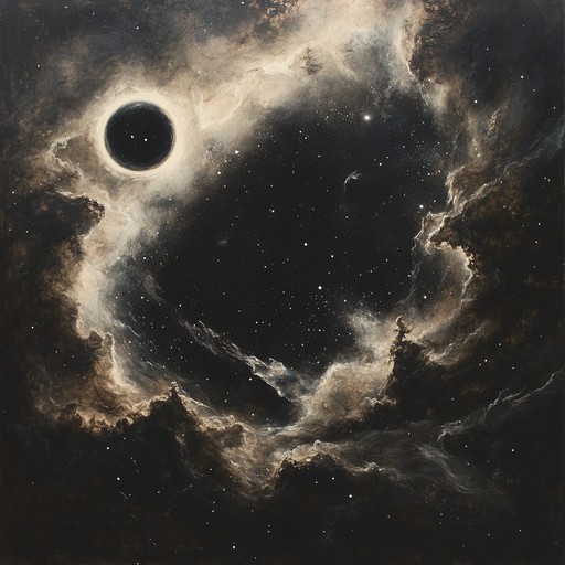 A unique blend of cosmic atmospheric elements and intense deathcore brutality, using intricate guitar riffs, guttural growls, and explosive drumming to create an auditory experience depicting a catastrophic event in the cosmos