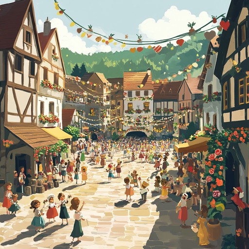 A radiant orchestral score brimming with lively strings, majestic brass, and playful woodwinds, evoking the happiness and excitement of a community festival procession on a sunny morning. Perfect for scenes that require an energetic and heartwarming musical backdrop.