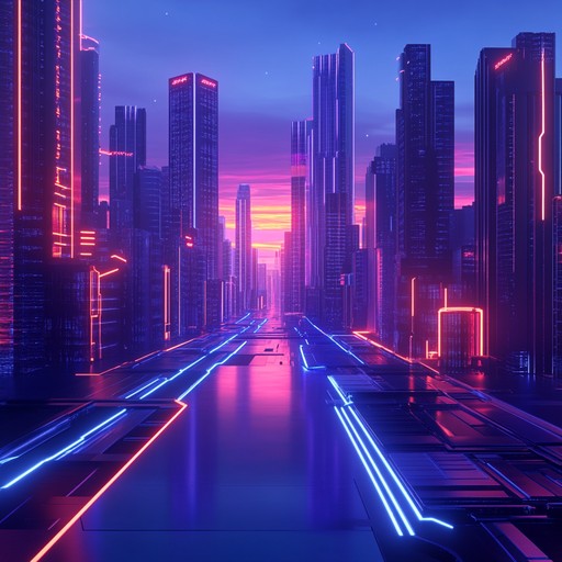 An instrumental track featuring uplifting melodies driven by futuristic electronic beats to evoke a sense of inspiration and innovation in a cyberpunk dystopian setting. Imagery of neon lights, bustling cities, and advanced technology define the auditory experience.