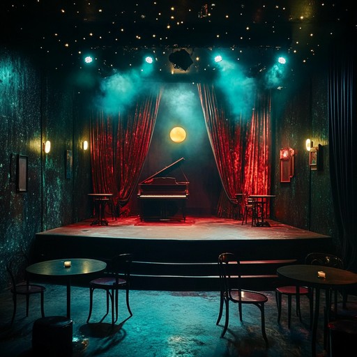 Imagine a small, dimly lit cabaret club in a surreal dream world. The music emanates a mysterious, ethereal vibe with a playful undertone. A lone piano entwines with soft, haunting vocals, creating an evocative soundscape. Subtle cymbals and gentle cello strokes add layers of texture, transporting listeners to a fantastical realm where reality blurs with imagination.