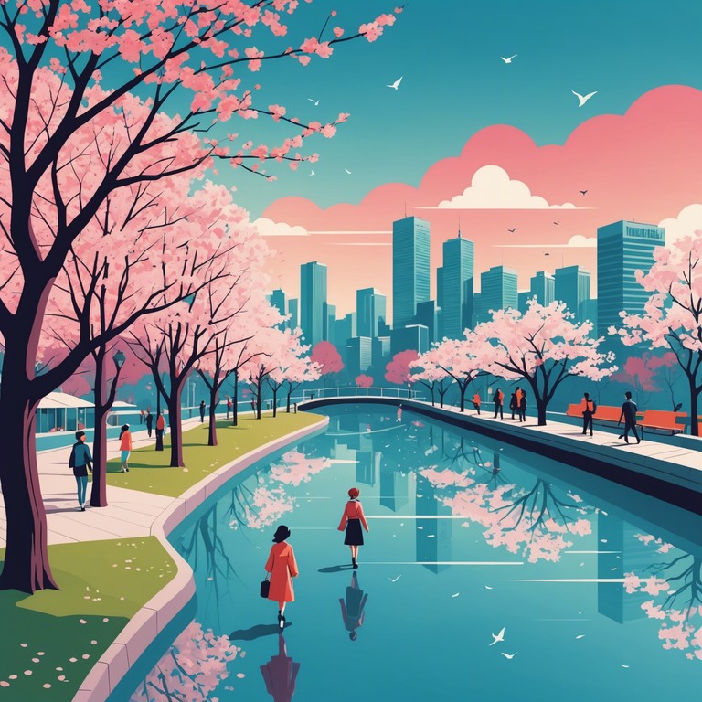 Evoke the excitement of a cheerful, whimsical journey through streets lined with cherry blossoms, filled with energetic and captivating synth melodies that enhance the scenic urban backdrop.