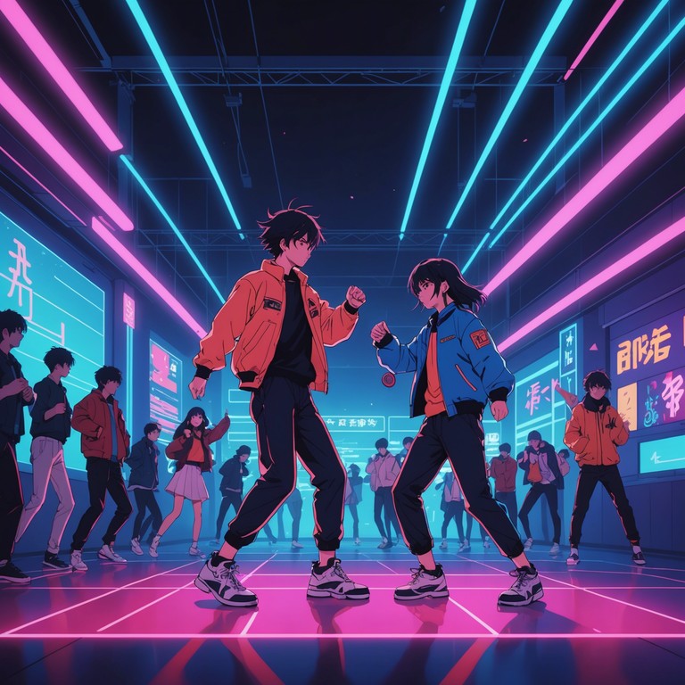 This track combines high energy dance rhythms with whimsical, light hearted anime soundscapes, perfect for a dynamic dance battle scene in an animated setting. The lively beats encourage movement and excitement, evoking images of colorful dance offs under neon lights.