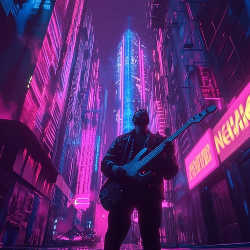 An instrumental track that fuses funky basslines with cyberpunk aesthetics, featuring groovy rhythms, electric guitar riffs, and futuristic synths evoking neon lit cityscapes.