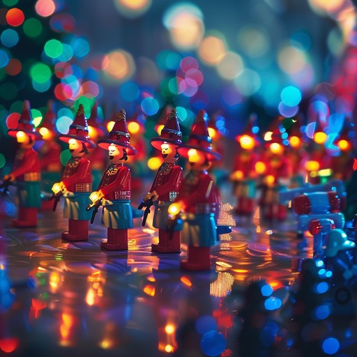 Imagine a festive procession featuring colorful toy soldiers, dancing elves, and merrymakers marching down a snowy street. The piece starts with whimsical flute trills and jolly accordion chords, then layers in curious toy piano, bouncing xylophone, and bells. Each section introduces new playful elements, culminating in a grand parade finale. Perfect as a whimsical holiday backdrop.