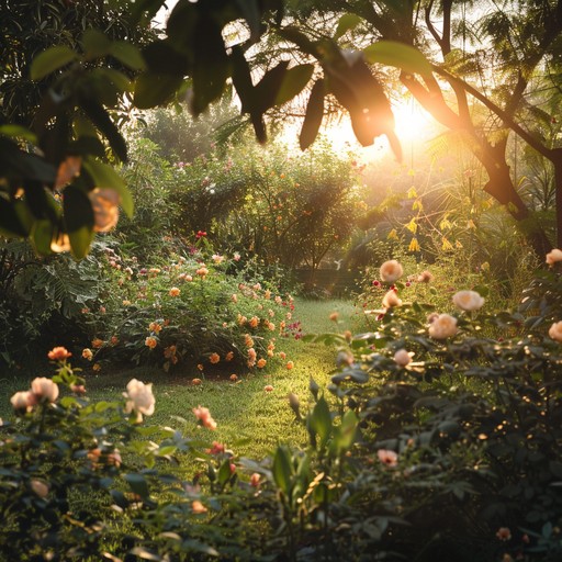 Picture a serene, sunlit garden in full bloom; the air filled with the delicate sounds of a harpsichord playing gentle baroque melodies. The music flows effortlessly, creating an atmosphere of tranquility and beauty, reminiscent of a leisurely summer afternoon spent in a lush, well tended garden with nature's symphony as a backdrop.