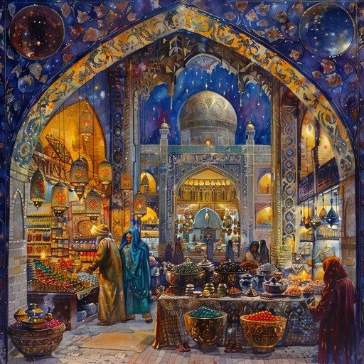 A captivating instrumental journey through a bustling arabian bazaar, filled with the exotic sounds of traditional middle eastern instruments and lively rhythms that transport the listener to a world of mystery and enchantment