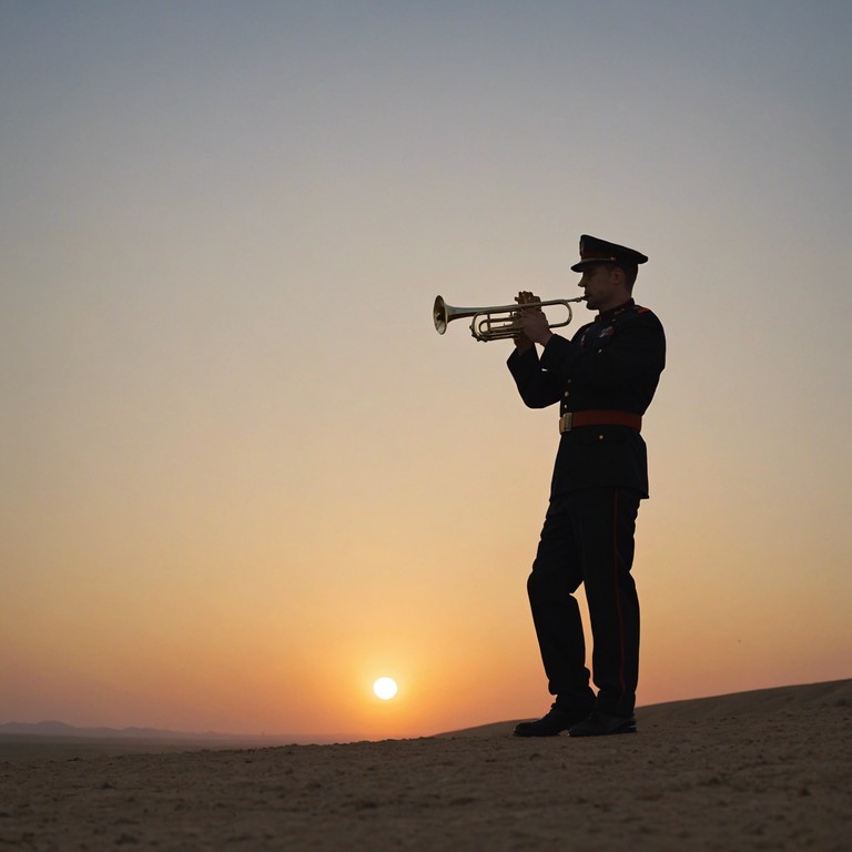 Imagining a serene, precise soundscape where militaristic discipline meets the smooth lilt of jazz, this composition melds the structured world of military marches with the relaxed rhythms of smooth jazz. The result is a soundtrack that captures the essence of a tranquil yet orderly day in a soldier’s life. The piece is characterized by a steady, marching tempo overlaid with fluid, melodic jazz expressions, conveying a sense of peace amidst regimentation.