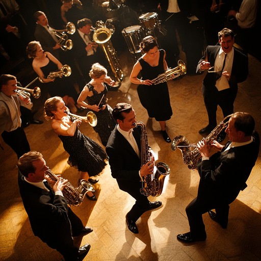 An upbeat and lively swing instrumental capturing the essence of a 1940s big band, featuring spirited trumpets, swinging saxophones, and driving percussion that evoke a joyful dance atmosphere.