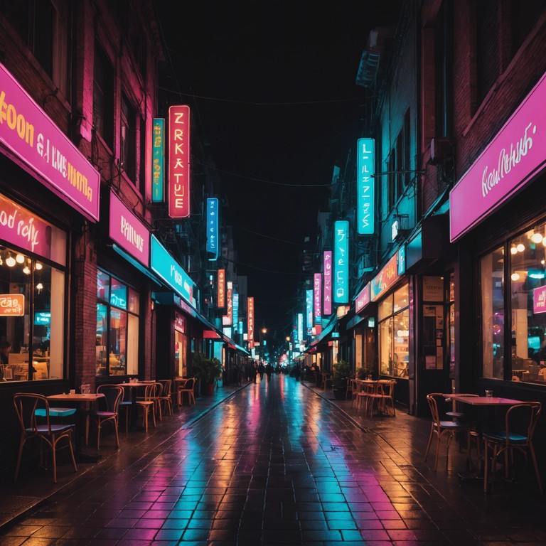 Imagine a cityscape at night, illuminated by the neon glow of signs and streetlights. The sound captures the essence of a retro urban atmosphere combining smooth jazz elements with subtle electronic influences for a deep, immersive experience. A saxophone plays sulky melodies that evoke feelings of nostalgia and urban complexity.