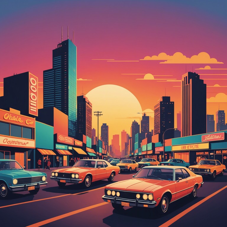 This track encapsulates the essence of a 70s sunset drive with its rhythmic bass lines and smooth transitions, creating a feeling of cruising down a bustling city street as neon lights begin to twinkle. The music is designed to evoke the stunning visuals of a nostalgic era, complete with flared trousers and disco balls, translating the groovy atmosphere into sound.