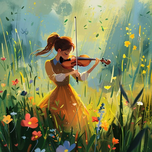 A lively yet soothing instrumental piece, beginning with gentle piano chords that evolve into a cheerful violin melody. The accompanying woodwinds and soft percussion evoke the imagery of dancing through sunlit meadows. The melody is playful and light, with a rhythm that flows effortlessly, capturing the spirit of joy and freedom. It's a musical journey through nature's serene landscapes, perfect for evoking happiness and peace