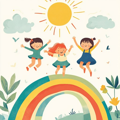 An uplifting instrumental composition combining playful melodies and vibrant rhythms, inspired by both modern children's music and energetic celtic dance tunes. The song evokes a sense of euphoria and excitement, as if jumping over rainbows in a fantastical world filled with joy and imagination.