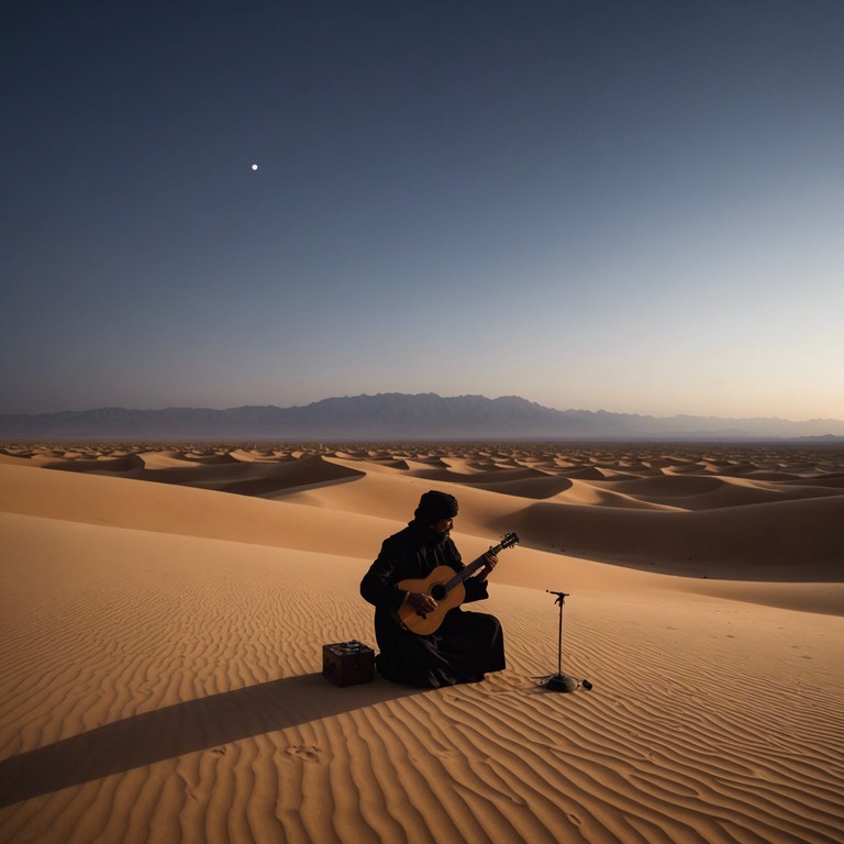 A deeply moving instrumental that taps into the heart of the saharan spirit, where each note conveys the seamless blend of ancient tradition and the relentless push of modernity. Floatingly delivered through the emotive strings of an oud, this piece marries ethnic melodies with minimalist undercurrents, creating a stark yet lush landscape of sound. The dynamic is intentionally understated, allowing the quiet strength of the melody to emerge among the subtle inflections of rhythm and harmony